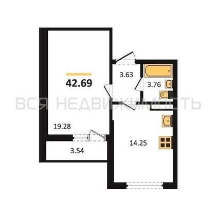1-комнатная квартира, 42.69кв.м - изображение
