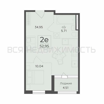1-комнатная квартира, 52.95кв.м - изображение
