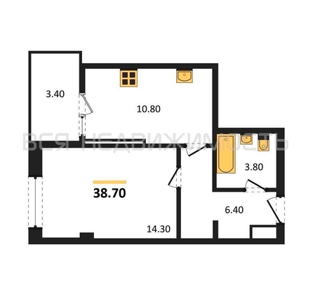 1-комнатная квартира, 38.7кв.м - изображение