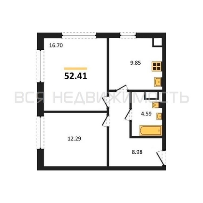 2-комнатная квартира, 52.41кв.м - изображение
