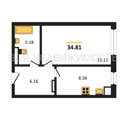 1-комнатная квартира, 34.81кв.м - изображение