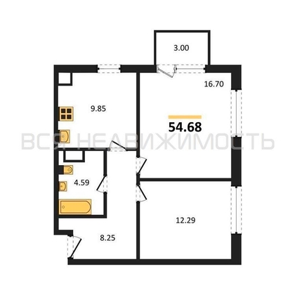 2-комнатная квартира, 54.68кв.м - изображение