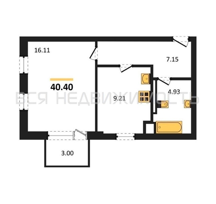 1-комнатная квартира, 40.4кв.м - изображение
