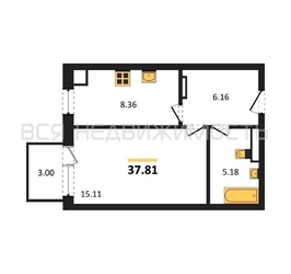 1-комнатная квартира, 37.81кв.м - изображение 1
