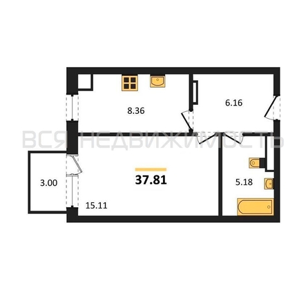 1-комнатная квартира, 37.81кв.м - изображение