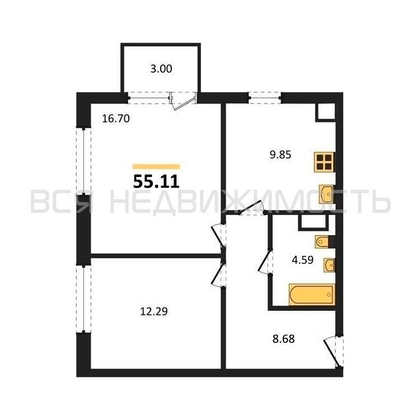 2-комнатная квартира, 55.11кв.м - изображение