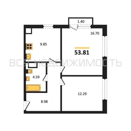 2-комнатная квартира, 53.81кв.м - изображение