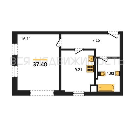 1-комнатная квартира, 37.4кв.м - изображение