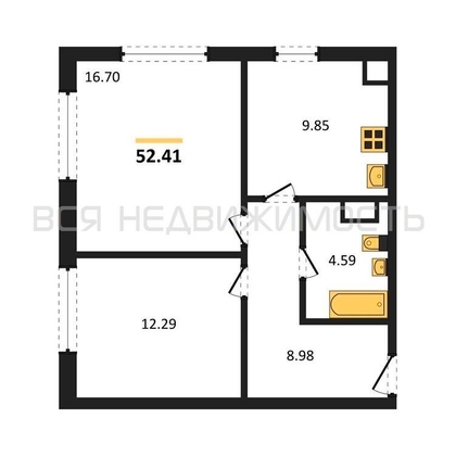 2-комнатная квартира, 52.41кв.м - изображение