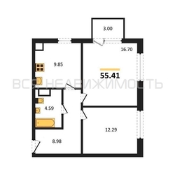 2-комнатная квартира, 55.41кв.м 2-комнатная квартира, 55.41кв.м - изображение 1
