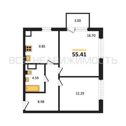 2-комнатная квартира, 55.41кв.м - изображение