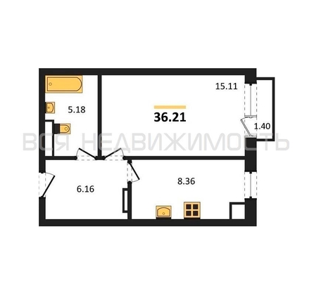 1-комнатная квартира, 36.21кв.м - изображение