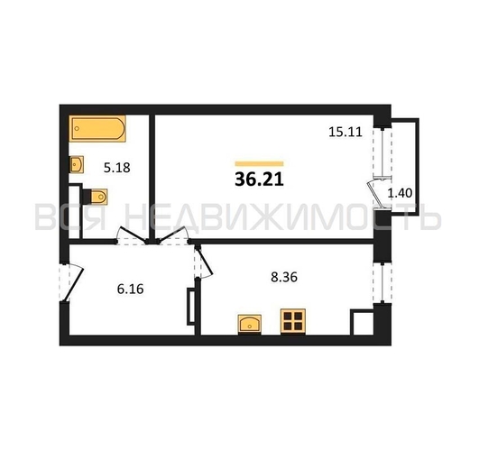 1-комнатная квартира, 36.21кв.м - изображение 0