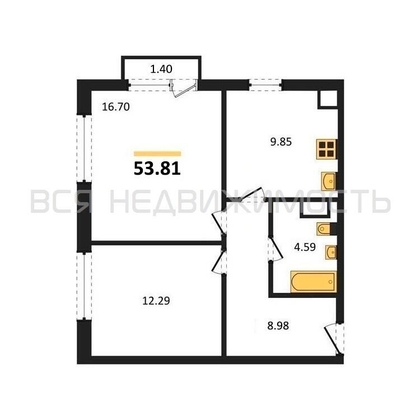 2-комнатная квартира, 53.81кв.м - изображение