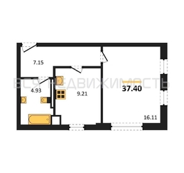 1-комнатная квартира, 37.4кв.м 1-комнатная квартира, 37.4кв.м - изображение 1