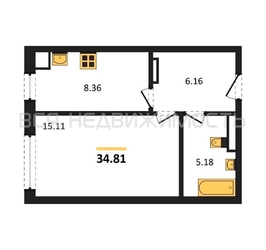 1-комнатная квартира, 34.81кв.м - изображение 1