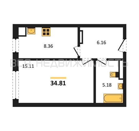 1-комнатная квартира, 34.81кв.м - изображение