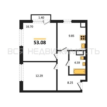 2-комнатная квартира, 53.08кв.м - изображение