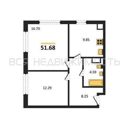 2-комнатная квартира, 51.68кв.м - изображение