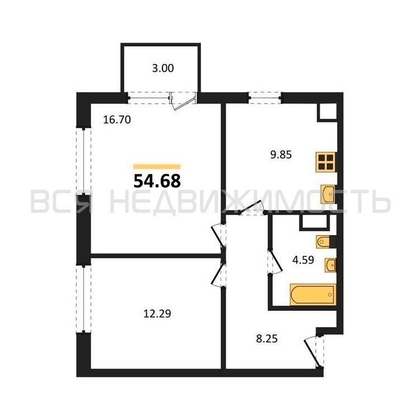 2-комнатная квартира, 54.68кв.м - изображение