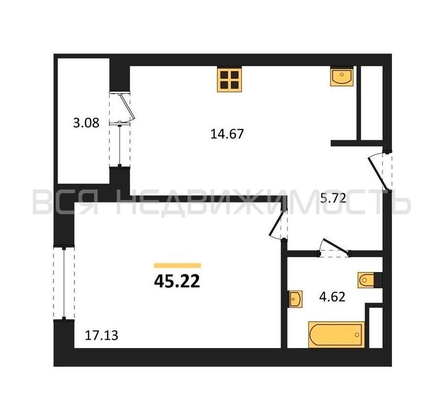 1-комнатная квартира, 45.22кв.м - изображение