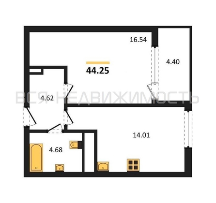 1-комнатная квартира, 44.25кв.м - изображение