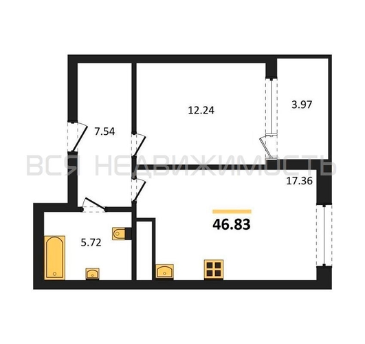 1-комнатная квартира, 46.83кв.м - изображение 0