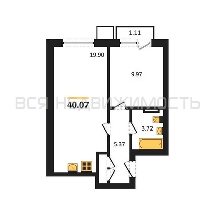 1-комнатная квартира, 40.07кв.м - изображение