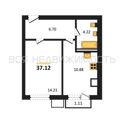 1-комнатная квартира, 37.12кв.м - изображение