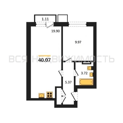 1-комнатная квартира, 40.07кв.м - изображение