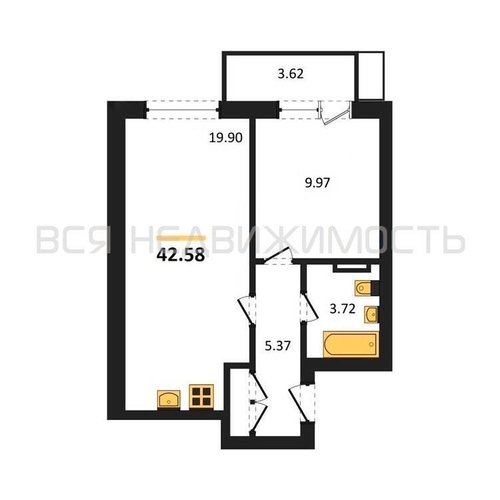1-комнатная квартира, 42.58кв.м - изображение 0
