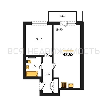 1-комнатная квартира, 42.58кв.м - изображение
