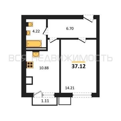 1-комнатная квартира, 37.12кв.м - изображение