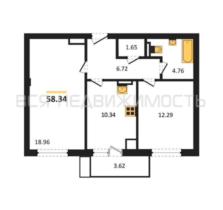 2-комнатная квартира, 58.34кв.м - изображение