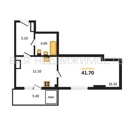1-комнатная квартира, 41.7кв.м - изображение