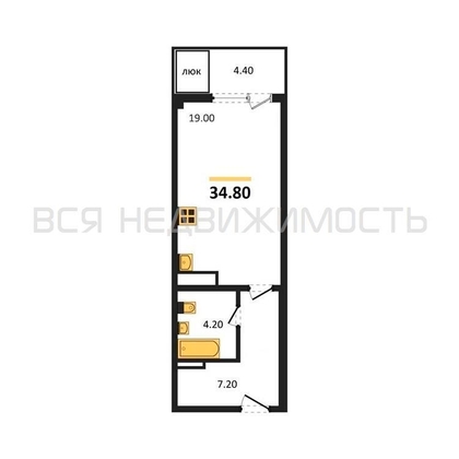 квартира-студия, 34,8кв.м. - изображение