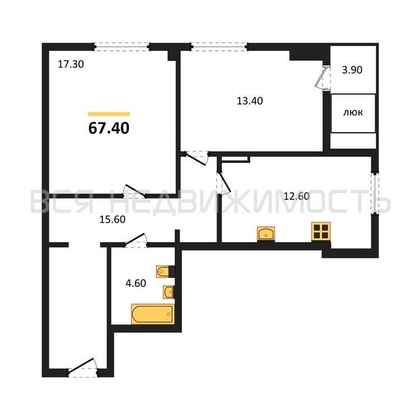 2-комнатная квартира, 67.4кв.м - изображение