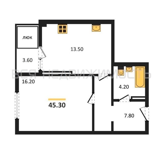 1-комнатная квартира, 45.3кв.м - изображение 0