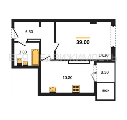 1-комнатная квартира, 39кв.м - изображение