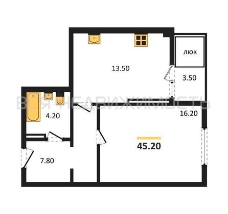 1-комнатная квартира, 45.2кв.м - изображение