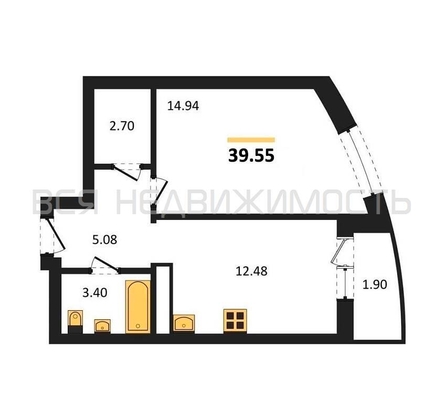 1-комнатная квартира, 39.55кв.м - изображение