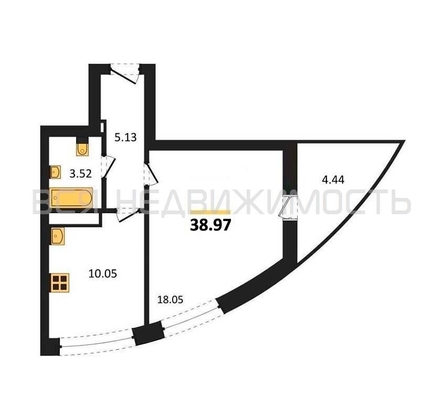 1-комнатная квартира, 38.97кв.м - изображение