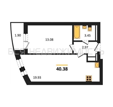 1-комнатная квартира, 40.38кв.м - изображение