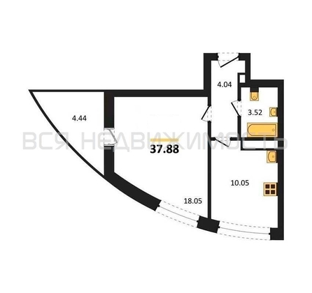 1-комнатная квартира, 37.88кв.м - изображение