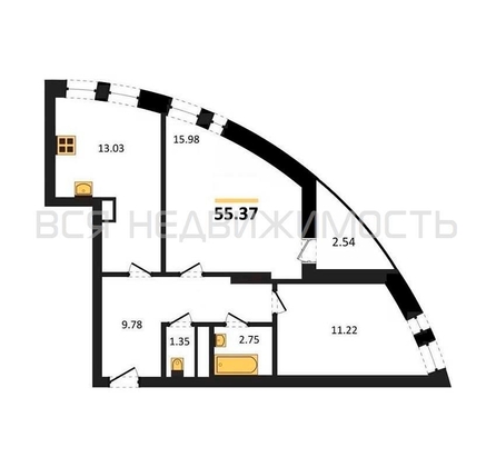 2-комнатная квартира, 55.37кв.м - изображение