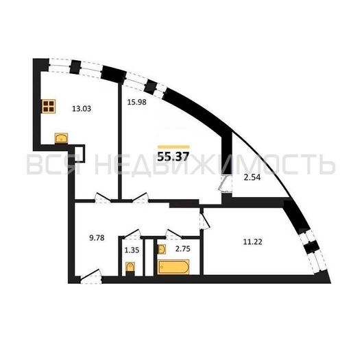 2-комнатная квартира, 55.37кв.м - изображение 0