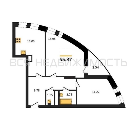 2-комнатная квартира, 55.37кв.м - изображение 0