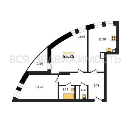 2-комнатная квартира, 55.25кв.м - изображение