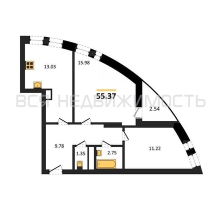 2-комнатная квартира, 55.37кв.м - изображение