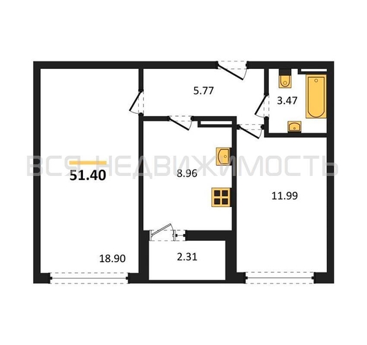 2-комнатная квартира, 51.4кв.м - изображение 0